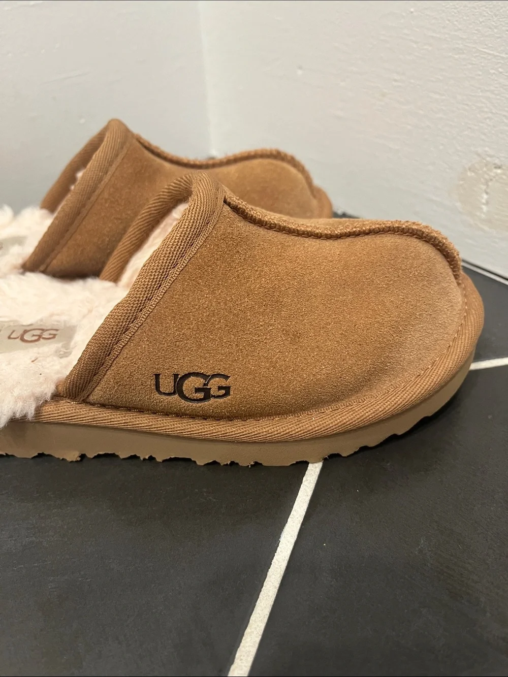 UGG Chestnut Suede Shearling Clog Slippers